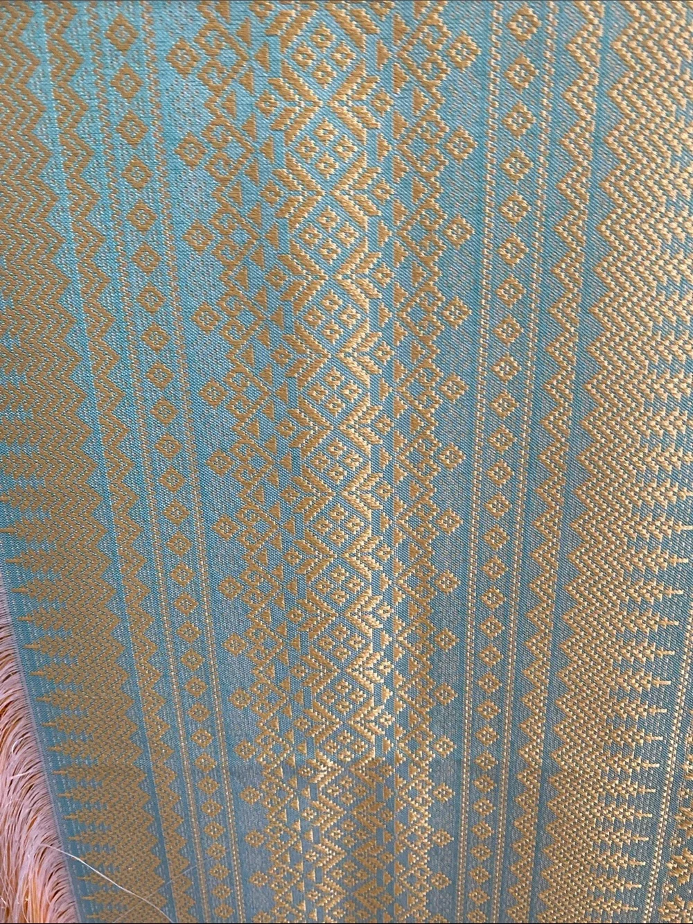 Ornate Aqua and Gold Woven Tablecloth with Fringe Trim